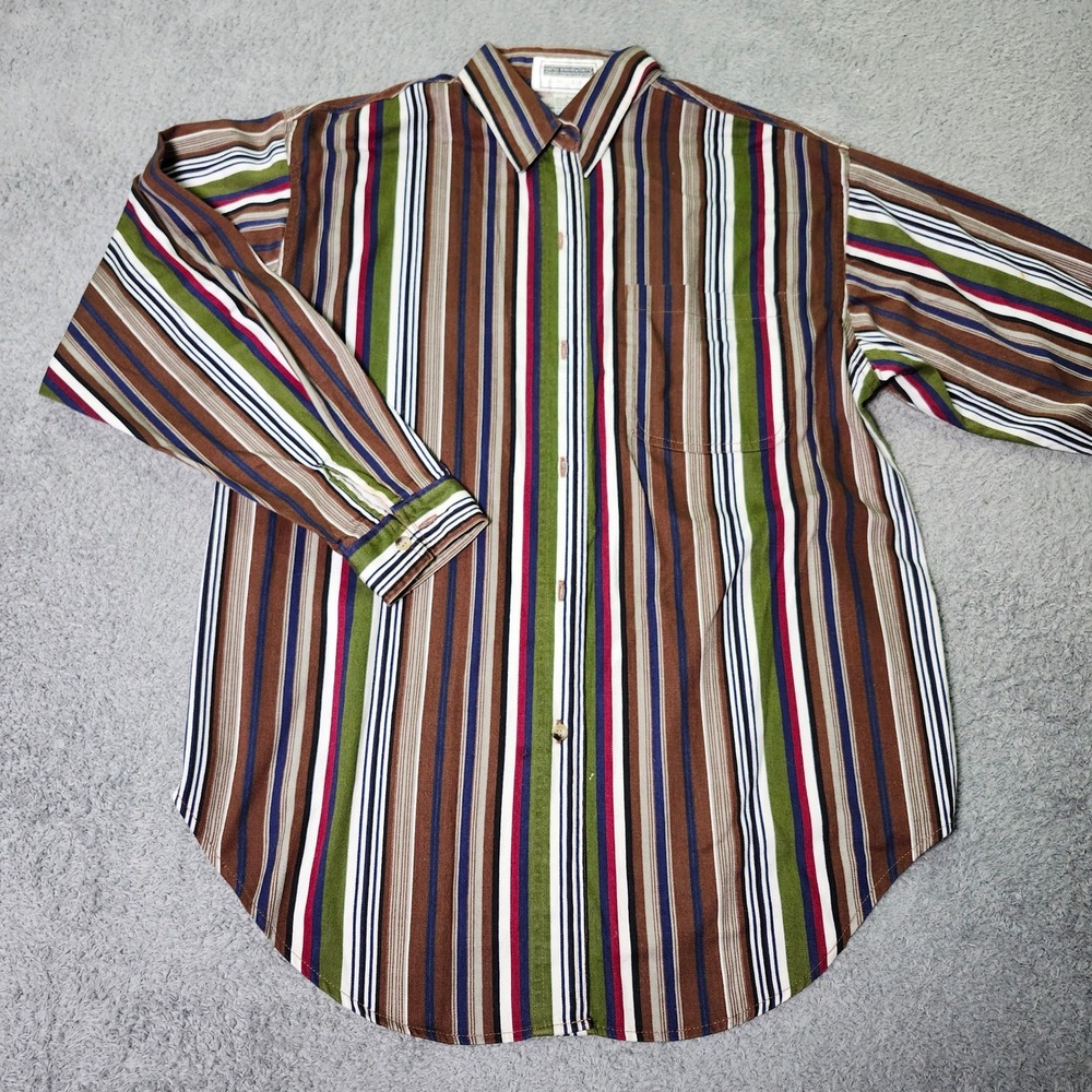 High Sierra Mens L Button Down Shirt Multi Color Vertical Stripe Cotton Vintage